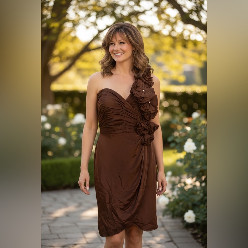 Jovani Size 12 One-Shoulder Chocolate Floral-Applique Cocktail Dress Rhinestones